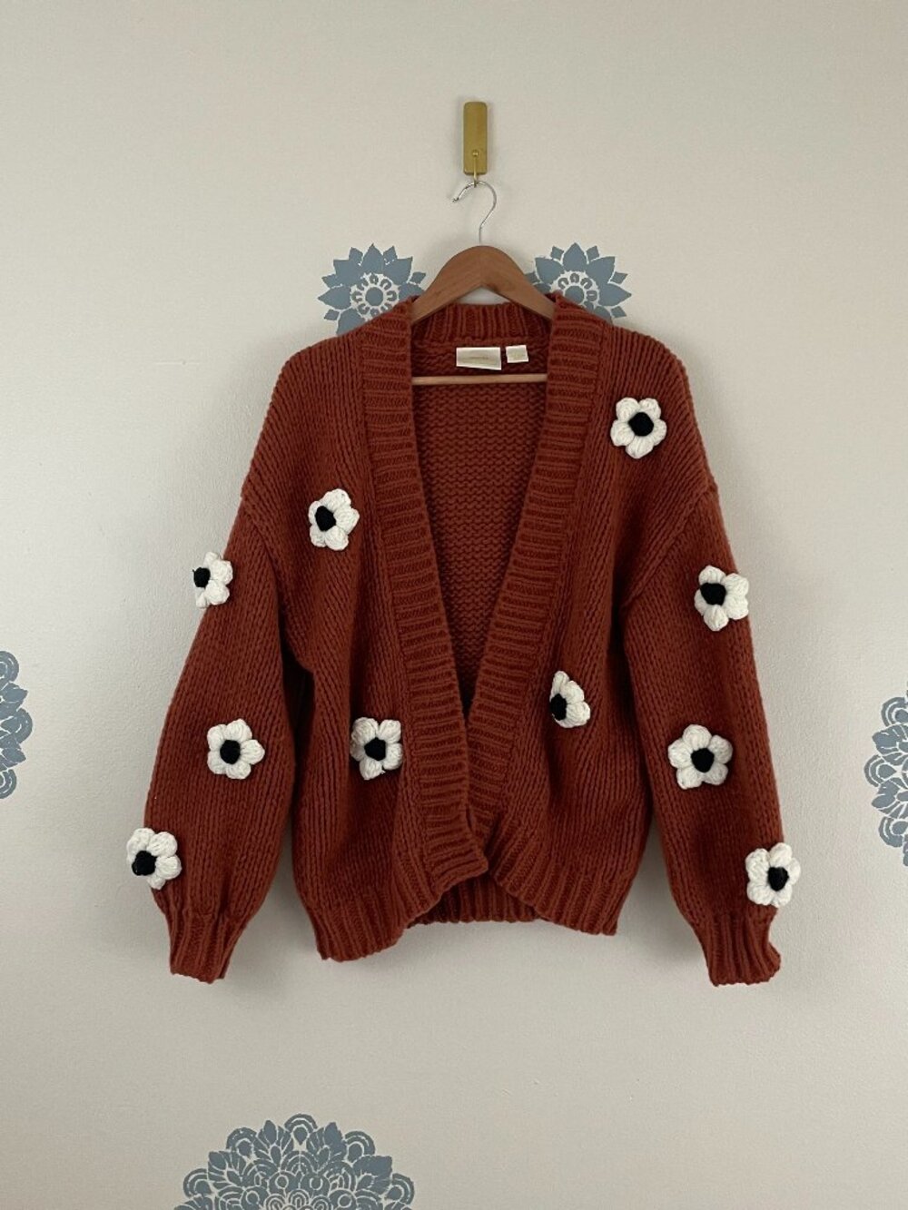 Anthropologie Maeve Chunky 3D Floral Knit Cardigan in Terracotta One Size